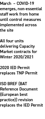 March – COVID 19 emerges, non essential staff work from home until control measures implemented across the site All f...