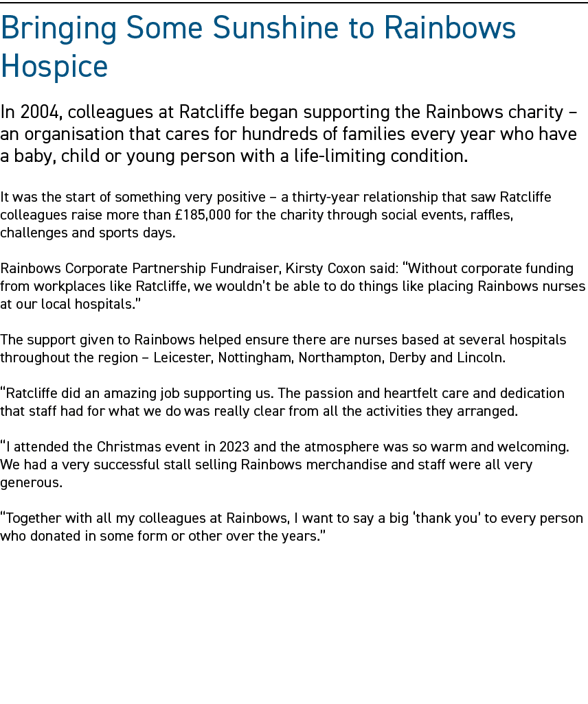 Bringing some sunshine to Rainbows Hospice In 2004, colleagues at Ratcliffe began supporting the Rainbows charity – a...