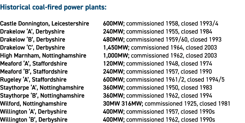 Historical coal fired power plants: Castle Donnington, Leicestershire 600MW; commissioned 1958, closed 1993/4 Drakelo...