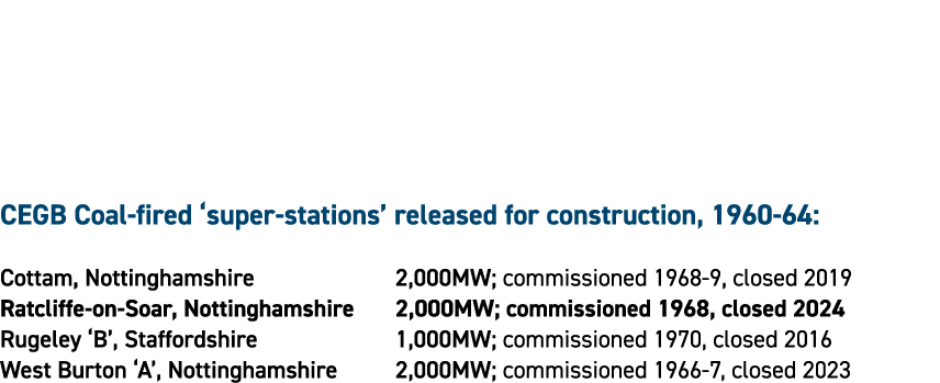 CEGB Coal fired ‘super stations’ released for construction, 1960 64: Cottam, Nottinghamshire 2,000MW; commissioned 19...